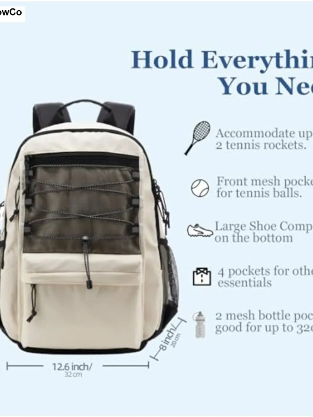 Tennis Backpack for Women Men 2 Rackets Insulated Pocket Shoe Compartment Nylon
